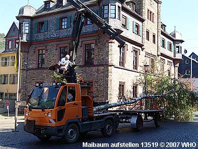 15.40 Uhr: Der Maibaum wird zum Maibaumsetzen vorgefahren.