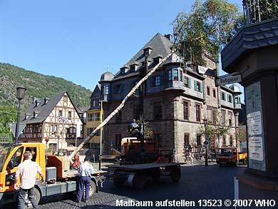 Maibaum setzen auf dem Marktplatz in Oberwesel.